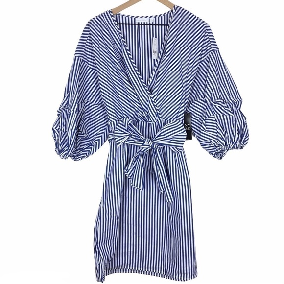 NEW YORK & COMPANY Dress Puff Sleeve Stripe Classic Preppy Pinstripe Medium - Picture 15 of 15